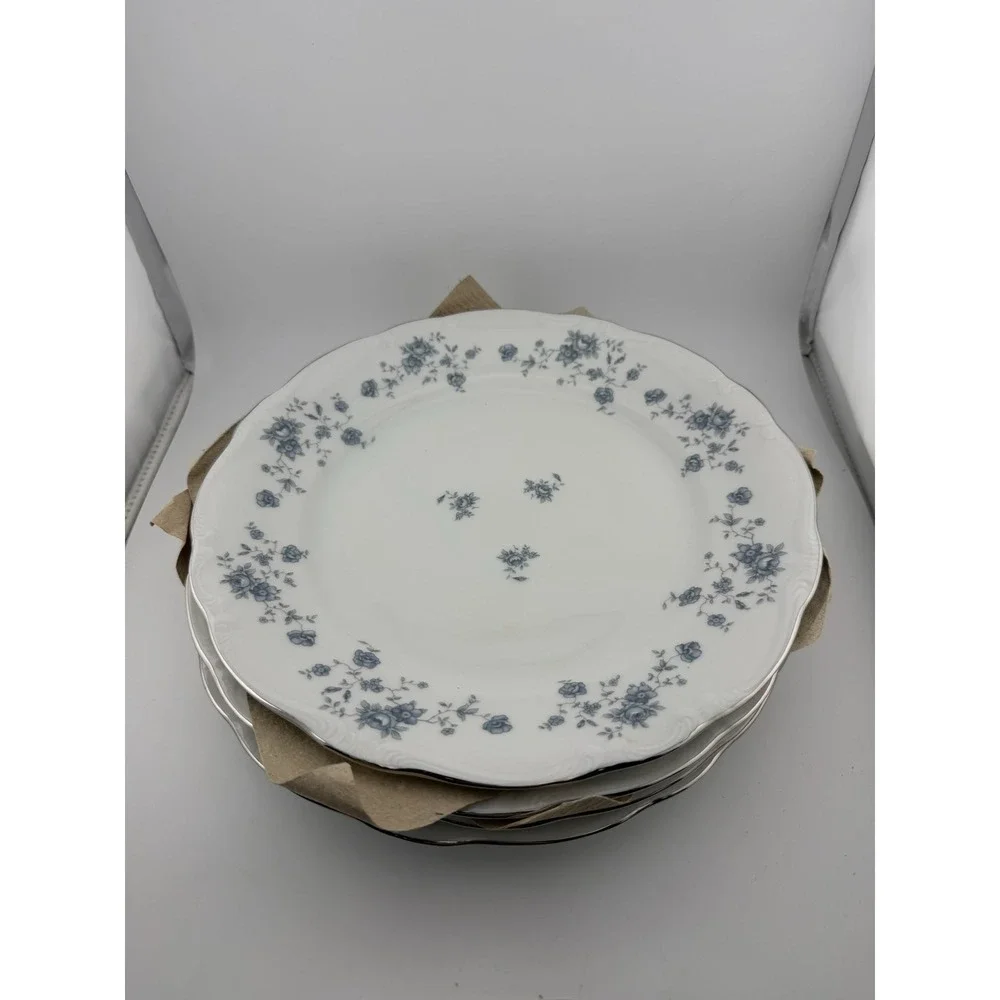 Johann Haviland Bavaria‎ Plates Blue Floral Silver Rim Set of 4